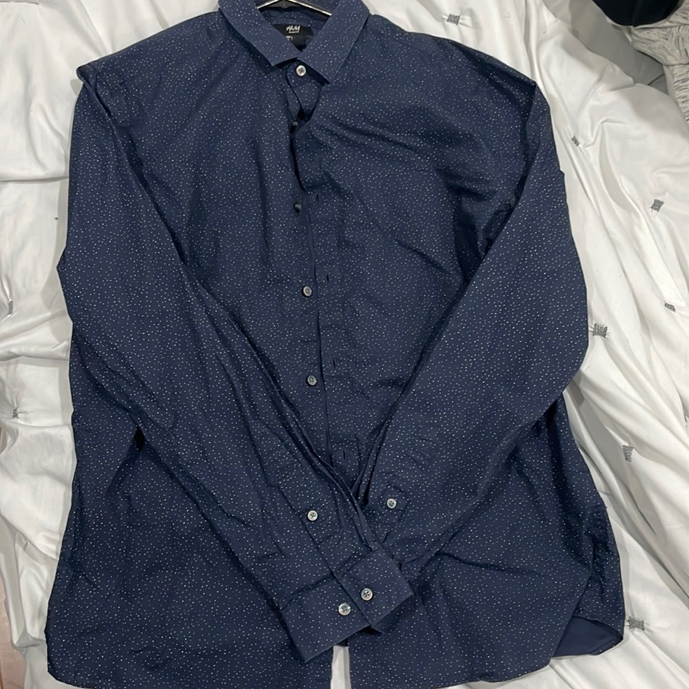 Blue and white polka dot button down shirt